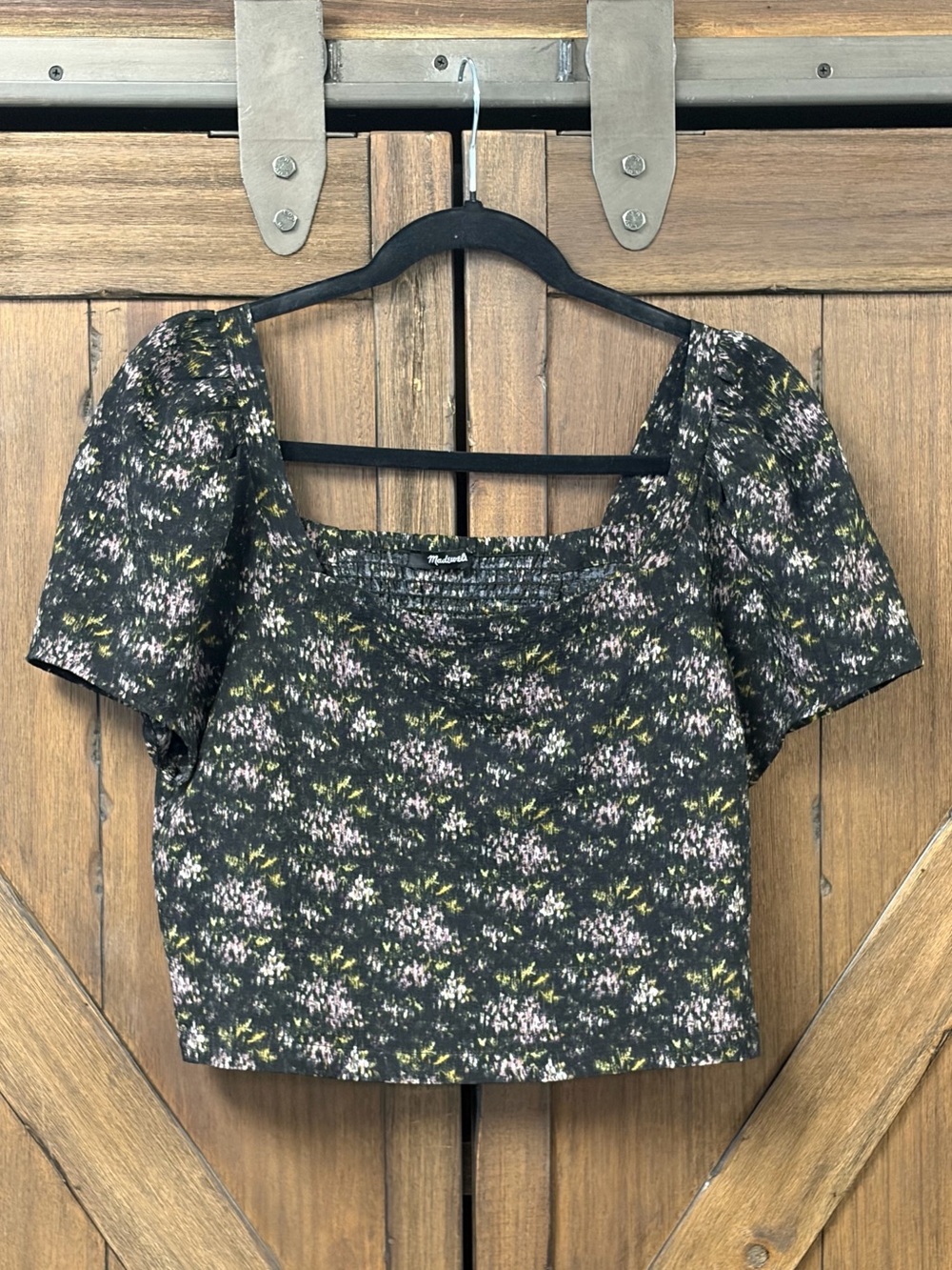 Madewell Hopewell Puff Sleeve Smocked Crop Top in Blurred Ikat Size Small - Picture 3 of 7